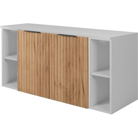 Furnidea - Meuble sous vasque suspendu FLOW CHÊNE 120 cm avec 2 x l'étagères - extensions et plan BLANC - 2 portes - façades rainurées (1/5)