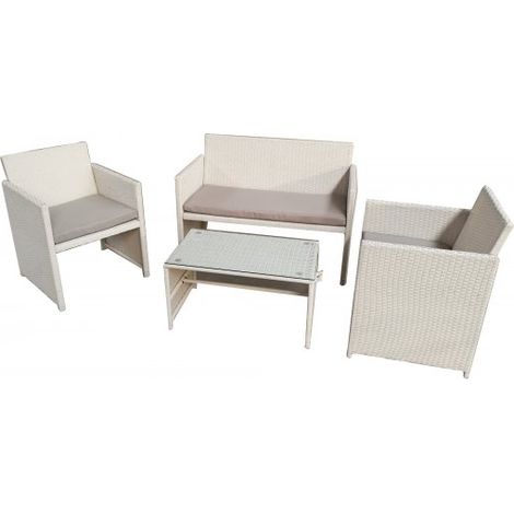 Salotto da esterno divano, due poltrone e tavolino, Polyrattan bianco, cuscini grigio chiaro Fredi Cileva