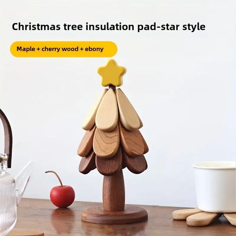 Dessous de verre pliable en bois en forme de sapin de Noël résistant à la chaleur - set de table festif, motif sapin rouge et blanc, idéal pour la décoration intérieure et les fêtes de fin d'année, dé (1/4)
