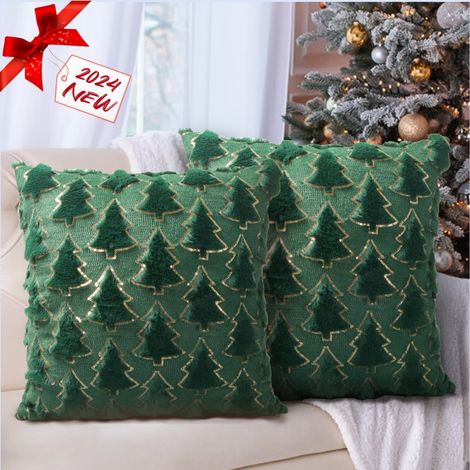 Lot de 2 Housse Coussin de Canapé Arbre en Velours , Taie d'oreiller 3D Arbre de Noël (1/5)