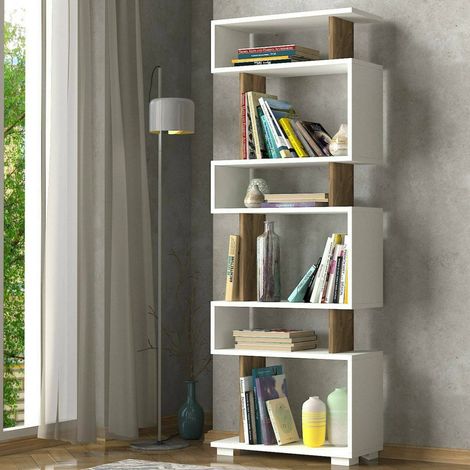 Dmora - Estante para libros Panopea, Estante de oficina, Porta libros móvil, Biblioteca, 60x20h165 cm, Blanco y Nogal, con embalaje reforzado (1/4)