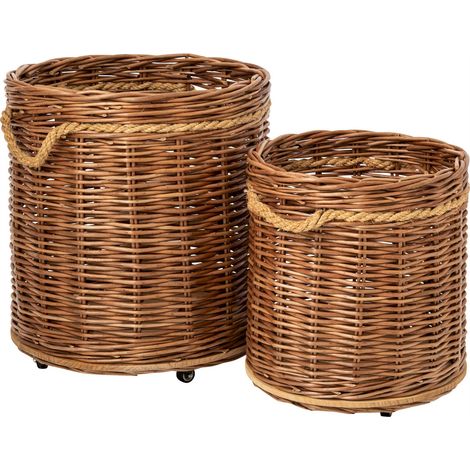 Set de 2 cachepots ronds en rotin sur roues - naturel et rouille (1/4)