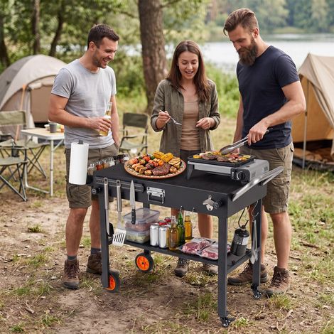 Chariot pliable pour plancha 17/22 pouces avec tapis thermique, roues verrouillables et rangements pour terrasse, jardin et barbecue (1/5)