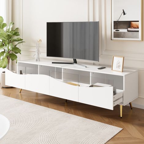 Meuble TV moderne 180 x 40 x 50 cm avec éclairage LED, structure blanche, pieds en métal doré, façade en verre et espace de rangement – meuble bas élégant pour le salon (1/4)