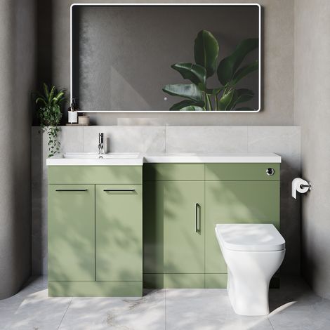 Napoli 390 Olive Green 1500mm 3 Door Vanity Unit Toilet Suite with Left Hand Square Lucia Basin - 1500mm - Chrome 160mm HandleWith Kingston Toilet Pan and Seat