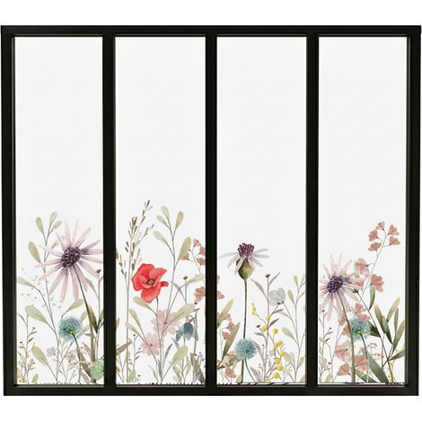 Verrière atelier intérieure aluminium noir 4 vitrages 135 x 117 cm - Décor végétal - Herbier - rouge et vert et transparent - Verre trempé (1/5)