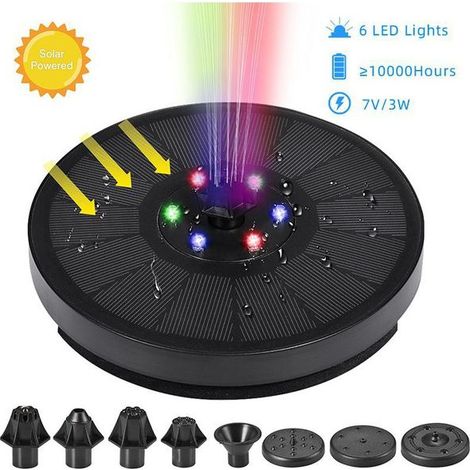 Fontaine solaire haute qualité 7V/3W, IP68, colorée, étanche, 6 LED, décoration de jardin, bassin, bain d'oiseaux, 1 pc (1/5)