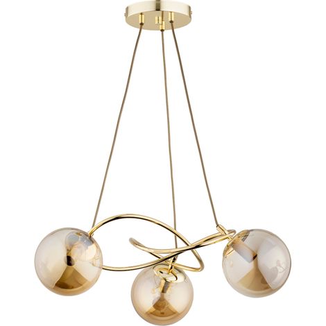 Suspension moderne laiton, globes ambre, 3xE14 Velta (1/2)