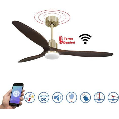Tenerife - Super destratificateur et ventilateur DC 166 cm Laiton pales bois sombre avec Lumière 30 à 60 m² (1/5)