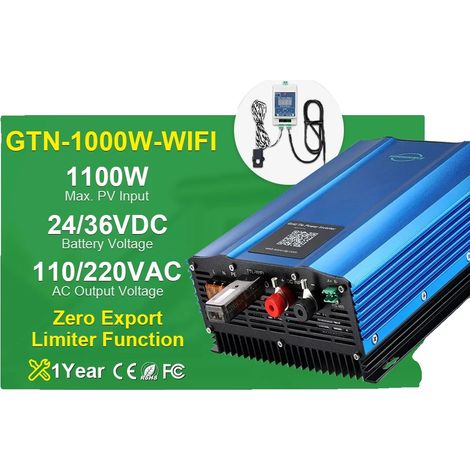 Onduleur Solaire, Haute Efficacité, Fonctionnalité de Dispositif Intelligent, WIFI 1000W limiteur, 190-260V, PV26-45V(24V BAT) (1/2)