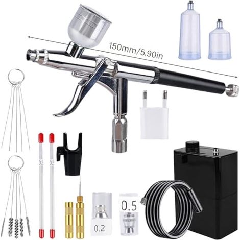 Kit aérographe portable avec compresseur, 40 PSI - Pistolet à double action + accessoires de nettoyage pour le maquillage, le nail art, la décoration de gateaux, le modélisme et la modélisation de (1/4)