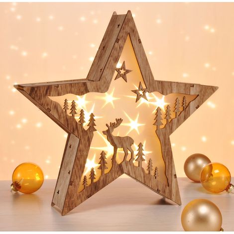 LED Weihnachtsstern aus Holz 30 cm - Rentier - Deko Aufsteller warm weiß beleuchtet - Weihnachten Advent Winter Stern Tisch Deko Beleuchtung Batterie betrieben