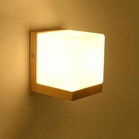 Enowelir Lampe Murale Moderne En Verre Blanc Style Japonais Éclairage E27 Bois Cube Edison Applique Décoration Salon Chambre