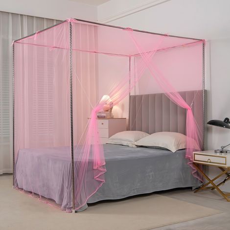 Estructura de cama con dosel de 200x220 cm + Mosquitera, Estructura para mosquitera + Dosel, Ideal para el dormitorio (Rosa)