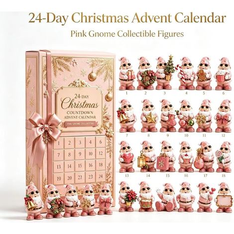 Calendrier de l'Avent de Noël rose avec des gnomes - Coffret cadeau mini gnomes, figurines surprises de Noël, maquette 3D en plastique + boîte avion - Coffret surprise de Noël rose avec des gnomes