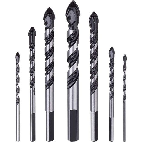 Lot de 7 forets à maçonnerie carbure tungstène – Pour béton, brique, verre, bois – Tige à 3 plats – Tailles 3 à 12 mm