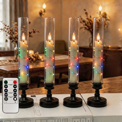 Lot de 4 Bougies LED Électriques avec Télécommande, Minuterie et Lumières Étoilées Intégrées, Effet Vacillant pour Mariage et NoëlMulticolore (1/5)