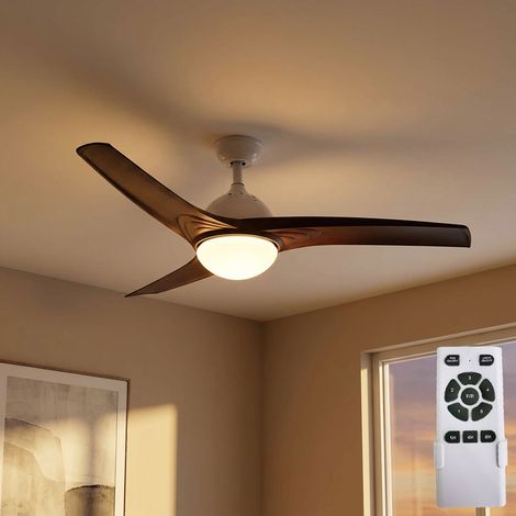 Ventilateur de plafond plafonnier ventilateur de salon ventilateur bois télécommande, minuterie CCT 3 niveaux, métal MDF aspect bois verre opale marron, 1x LED 15W 1500Lm 3000-6400K, DxH 132x35cm (1/5)