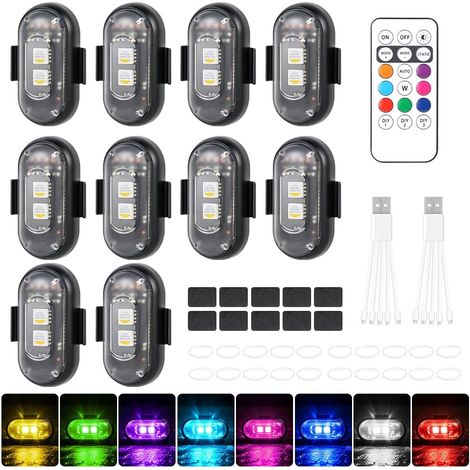 Juego de 10 luces estroboscópicas LED inalámbricas de 8 colores con control remoto, carga USB y sistema anticolisión para automóviles, motocicletas y camiones. (1/5)