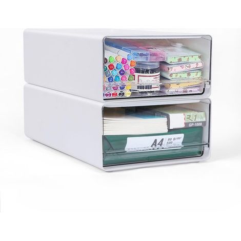 Boîte de rangement - Boîte à tiroirs empilable - Modulaire avec emplacements pour cartes pour un empilage en toute sécurité - 2 pièces - Rangement de bureau Transparent (1/5)