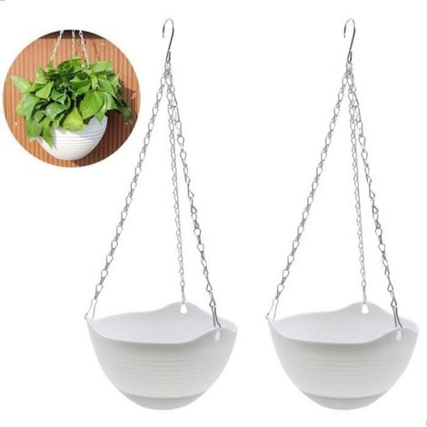 2pcs-Pot de Fleurs Suspendu pour Balcon Panier Suspendu en Plastique avec Crochet à chaîne - pour Decoration Murale, Intérieur, Ex (1/5)