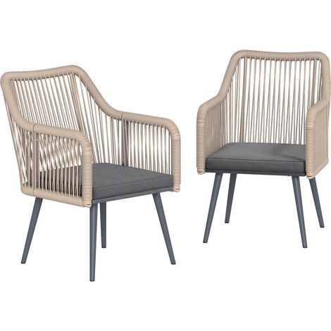 Ensemble de 2 chaises de jardin avec coussins et accoudoirs, en acier et rotin PE, 54 x 65 x 80 cm, gris foncé (1/5)