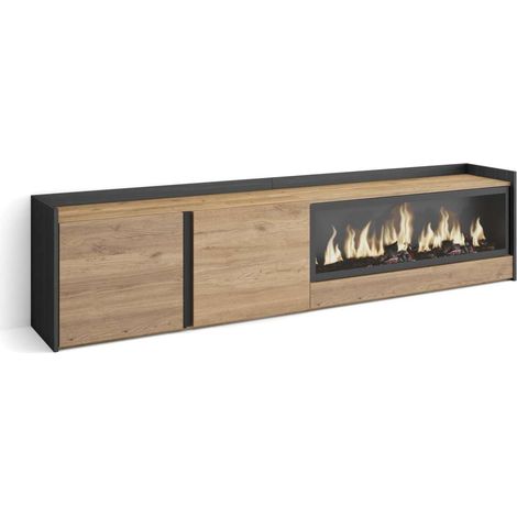 Mueble TV Mijas-01 de 212x50x35 cm con chimenea eléctrica XXL, color roble y negro (1/4)