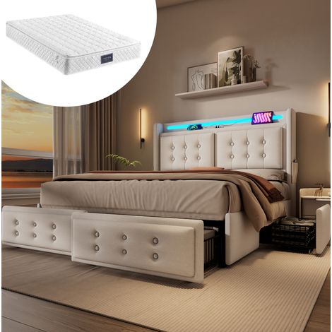 DESVIAE Lit double 140 x 200 avec matelas sommier à lattes LED ports USB Type C 4 tiroirs de rangement poches et étagères tissu coton lin beige (1/5)
