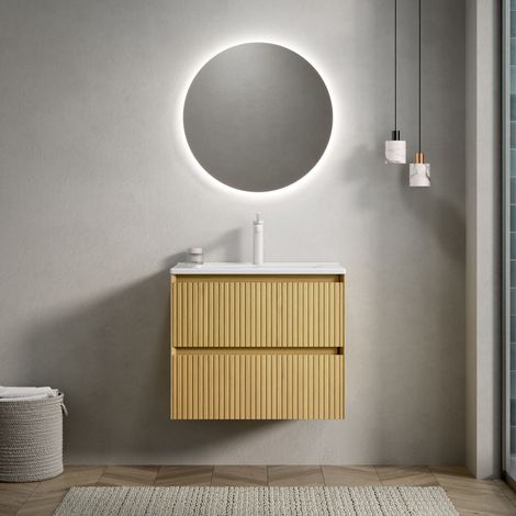 Waschbeckenunterschrank 61 cm hängend, modern, Keramikbecken weiß, 2 Schubladen mit Soft-Close, Eiche golden