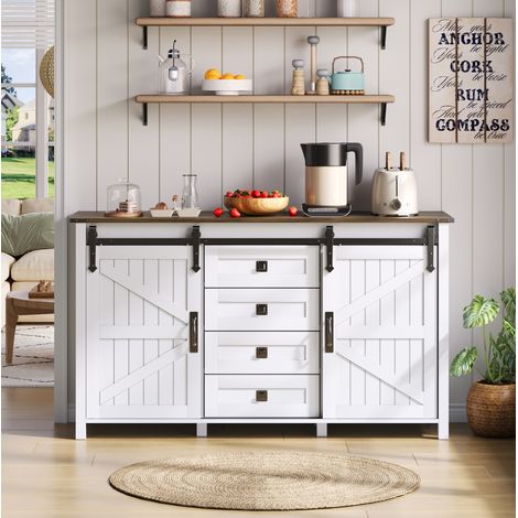 Aparador de MDF blanco 137x40x81,5 cm con 2 puertas correderas y 4 cajones, mueble auxiliar de almacenaje (1/5)