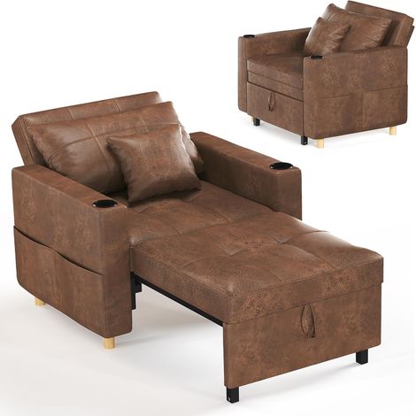 YODOLLA Convertible Sofa Bed 3-in-1 Pull out Arm Chair Folding Recliner Sleeper Single Bed for Adults, Saddle Brown (1/5)