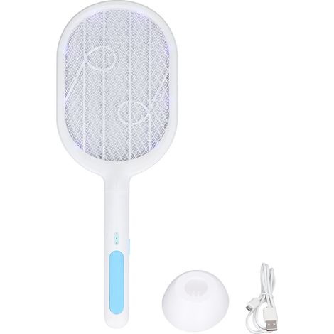 Raquette électrique anti-moustiques 2-en-1 rechargeable USB, silencieuse, chasse-mouches et tue-moustiques, avec socle. (1/5)