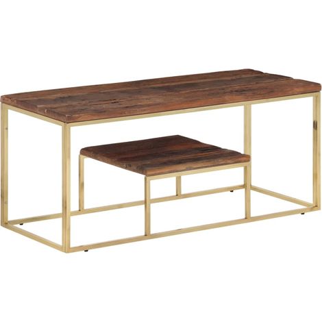 Couchtisch Golden Edelstahl und Massive Holzschwellen