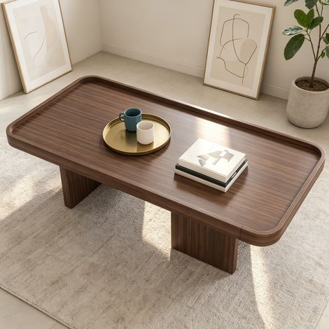 Table basse 100x50x35,5 cm rectangulaire à coins arrondis, structure stable, MDF et panneaux de particules noyer (1/5)
