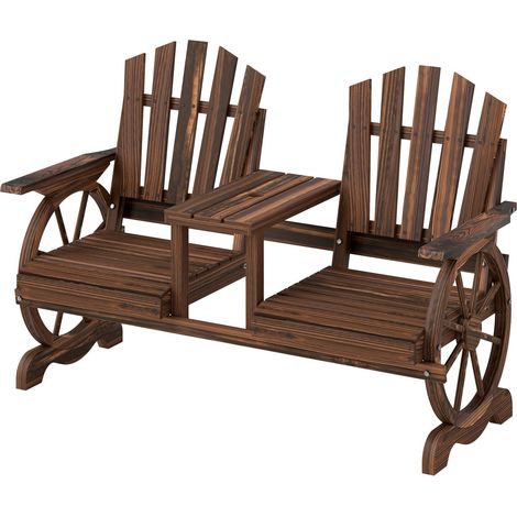 Banco de jardín de madera de 2 plazas, banco resistente a la intemperie, mueble de jardín con orificio para sombrilla, patas en forma de rueda de carro, mesa, banco de parque, capacidad de carga de 12