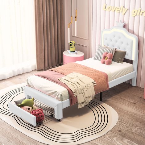 White Princess Girls Single Bed 90x190cm PU Leather with LED Crown Headboard & Underbed Storage - Modern Children's Bedroom Furniture Set (1/5)