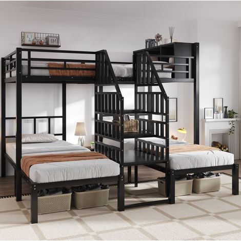 Letto a castello 239x208x161 cm nero in metallo con 3 posti, scala e vano contenitore (1/5)