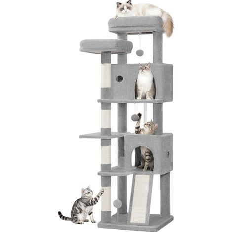 Arbre à Chat 152 cm, Tour à Chat pour Chats d'Intérieur avec Poteaux à Griffer en Sisal, Planche à Griffer, 2 Condos Confortables, 2 Perchoirs, Pompons, Lieu de Repos, Gris Clair (1/5)