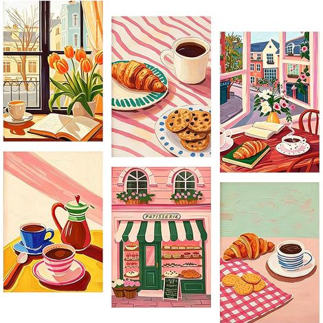Lot de 6 posters au format A4 - 21 x 30 cm - Peinture à l'huile - Style vintage - Rétro moderne - Décoration murale - Barista - Pour salle à manger, bureau, cuisine - Sans cadre photo