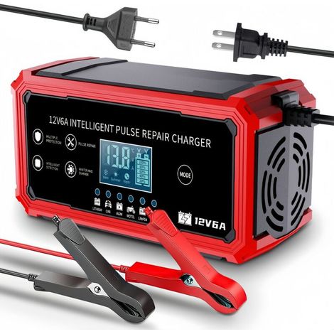 Caricabatterie per auto/moto da 12 V 6 A rosso, caricabatterie per batterie al litio da 14,6 V/12,6 V (1/3)