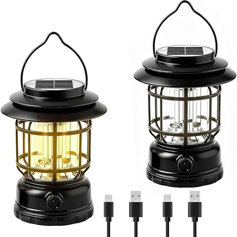 Stück LED Campinglampe Solar & USB Aufladbar, Dimmbare Retro Camping Laterne, Tragbare Zeltlampe Campinglampe IPX4 Wasserdicht zum Aufhängen für Outdoor Camping Wandern und Garten, Schwarz (1/5)