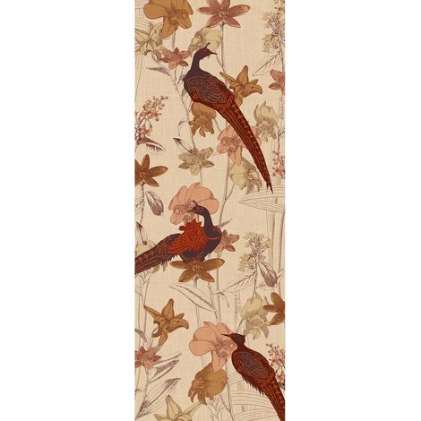 Papier peint panoramique animaux à motifs asiatique | Tapisserie panoramique floral beige et rouge | Papier peint panoramique design idéal salon - 280 x 100 cm (1 pièce) (1/2)