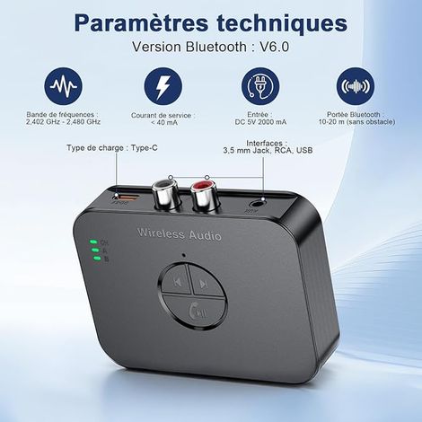 Adaptateur Bluetooth 5.4 chaîne stéréo avec télécommande, récepteur Bluetooth avec Prise Jack RCA auxiliaire 3.5mm, Adaptateur Audio sans Fil, recepteur Bluetooth Hi-FI avec Son (1/4)