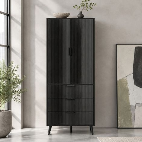 Armadio alto da cucina 75 x 35 x 180 cm con 2 ante e 3 cassetti nero OKMYHOME (1/5)