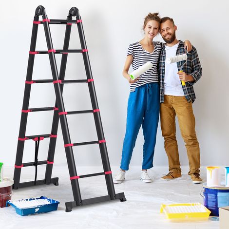 Échelle en Aluminium Pliable 2 Façons d'Utilisation avec 12 Marches Antidérapantes Charge 150 kg 379x67,5x11 cm Noir et Rouge (1/5)