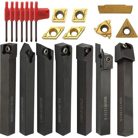 Lot de 21 outils de tournage en carbure 12mm – 7 barres à couteaux et 7 lames – Installation rapide avec clés incluses – Pour tournage de précision - 21Pcs (1/5)