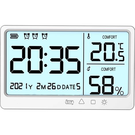 Termómetro e higrómetro multifuncional con retroiluminación, alta precisión, digital, con indicador de confort, carga USB, visualización de temperatura, humedad, hora, fecha y alarma. (1/5)