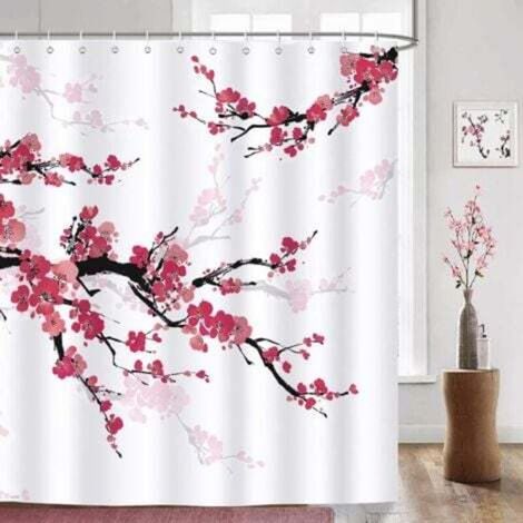 Red Cherry Blossom Shower Curtain, Polyester Fabric Bath Curtain, Anti-Mold, Waterproof, Washable Bathroom Curtain with 12 Hooks (1/4)