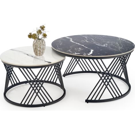 Conjunto mesa de centro Houston Acetum, Mármol blanco + Mármol negro, 46x0x0cm, Diámetro: 80, Piedra sinterizada, Redonda