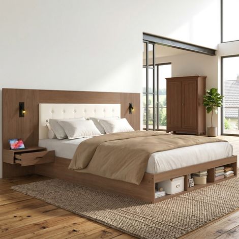 REDOM - Letto matrimoniale -180x200 cm - con contenitori - con USB e Type C - con lampade girevoli - MDF - noce (Senza materasso)